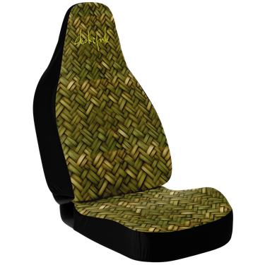 A custom car seat cover featuring a geometric pattern in green tones, branded with the Chokefish logo.